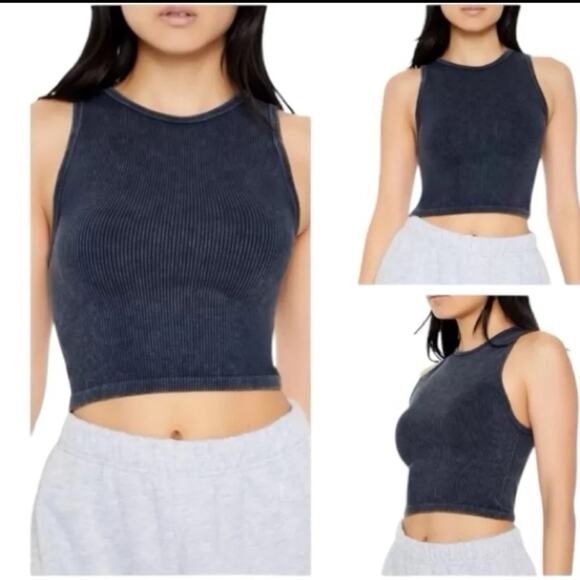 Forever 21 Ribbed Cropped Waffle Knit Muscle Tank Grey Black Size Small - Picture 11 of 11